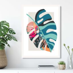 ARTZE Monstera Blue & Pink Boho Botanical Framed Print SIZE: A2 with White Frame in Mid Blue - Size: A4 - thumbnail 2