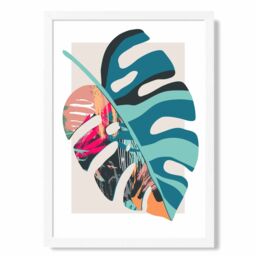 ARTZE Monstera Blue & Pink Boho Botanical Framed Print SIZE: A2 with White Frame in Mid Blue - Size: A4 - thumbnail 1