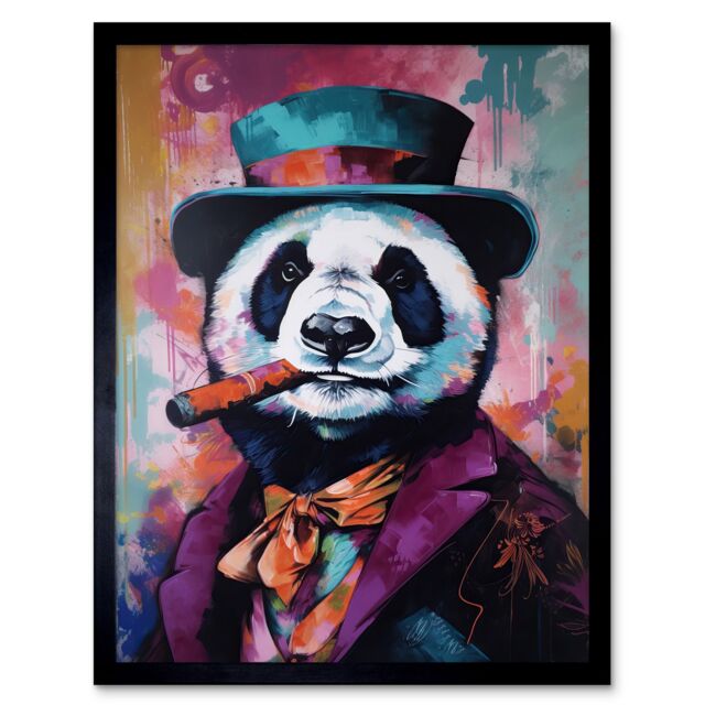 "Artery8 Wall Art Print Panda Portrait with Purple Suit Top Hat & Cigar Art Framed in Black - Size: W12"" x H16""" - image 1