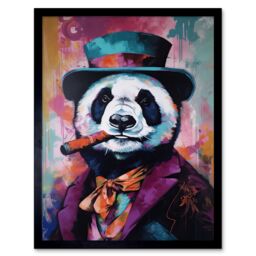 "Artery8 Wall Art Print Panda Portrait with Purple Suit Top Hat & Cigar Art Framed in Black - Size: W12"" x H16""" - thumbnail 1