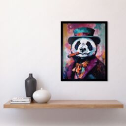 "Artery8 Wall Art Print Panda Portrait with Purple Suit Top Hat & Cigar Art Framed in Black - Size: W12"" x H16""" - thumbnail 2