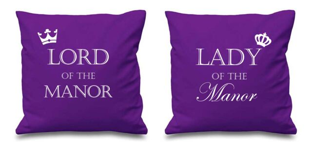 "60 SECOND MAKEOVER Lord Of The Manor Lady Of The Manor Purple Cushion Covers 16"" x 16"" Couples Cushions Valentines Anniversary Boyfriend"