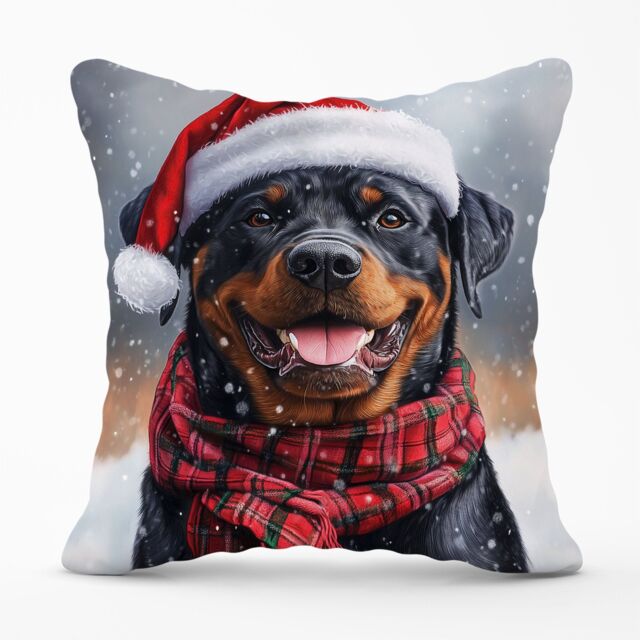 Warren Reed - Designer Snowy Christmas Rottweiler Cushion in Black - Size: 60 cm x 60 cm - image 1