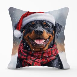 Warren Reed - Designer Snowy Christmas Rottweiler Cushion in Black - Size: 60 cm x 60 cm - thumbnail 1