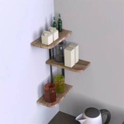 KORVIXA 3 Tier Corner Wall Shelves Industrial Style Metal Wood Shelving in Brown - Size: 100 cm x 100 cm - thumbnail 3