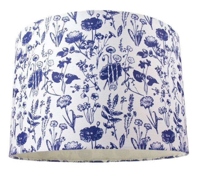 Happy Homewares White Cotton 12 Drum Lamp Shade with Blue Floral Decoration & Inner Lining in Midnight - Size: 12 inches - image 1