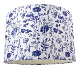 Happy Homewares White Cotton 12 Drum Lamp Shade with Blue Floral Decoration & Inner Lining in Midnight - Size: 12 inches - thumbnail 1