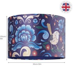 Happy Homewares White Cotton 12 Drum Lamp Shade with Blue Floral Decoration & Inner Lining in Midnight - Size: 12 inches - thumbnail 6