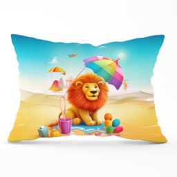 Warren Reed - Designer Lion On A Beach Holiday Cushions in Yellow - Size: 60 cm x 60 cm - thumbnail 1