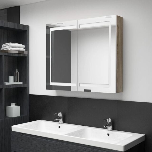 Berkfield Home LED Bathroom Mirror Cabinet White & Oak 80x12x68 cm - Size: 80 x 12 x 68 cm - image 1