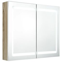 Berkfield Home LED Bathroom Mirror Cabinet White & Oak 80x12x68 cm - Size: 80 x 12 x 68 cm - thumbnail 2