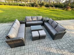 Fimous Rattan Lounge Sofa Set 11 Seater Outdoor Garden Furniture Set with Rectangular Coffee Table 3 Seater Sofa Side Table 2 Small Footstools - thumbnail 2