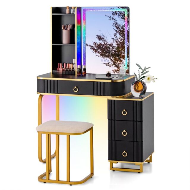 Gymax Dressing Table & Stool Set With 7 Modes Mirror & Charging Station in Black - image 1