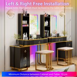 Gymax Dressing Table & Stool Set With 7 Modes Mirror & Charging Station in Black - thumbnail 5