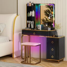 Gymax Dressing Table & Stool Set With 7 Modes Mirror & Charging Station in Black - thumbnail 3