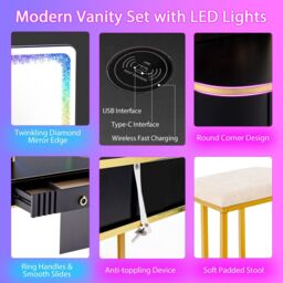 Gymax Dressing Table & Stool Set With 7 Modes Mirror & Charging Station in Black - thumbnail 6