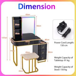 Gymax Dressing Table & Stool Set With 7 Modes Mirror & Charging Station in Black - thumbnail 2
