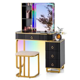 Gymax Dressing Table & Stool Set With 7 Modes Mirror & Charging Station in Black - thumbnail 1