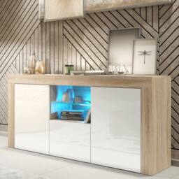 Mex Furniture LTD Sideboard Aurora 145cm - Oak & White Gloss Doors & LED Lights - thumbnail 1