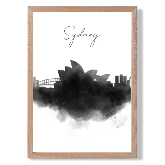 ARTZE Sydney Watercolour Skyline City Framed Print SIZE: A4 with Oak Frame in Black - Size: A3 - image 1