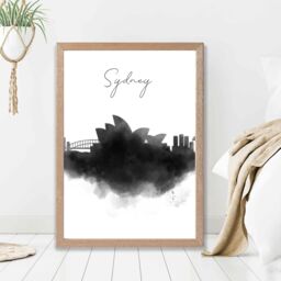 ARTZE Sydney Watercolour Skyline City Framed Print SIZE: A4 with Oak Frame in Black - Size: A3 - thumbnail 2
