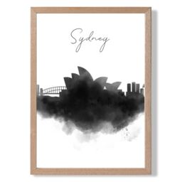 ARTZE Sydney Watercolour Skyline City Framed Print SIZE: A4 with Oak Frame in Black - Size: A3 - thumbnail 1