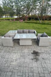 Fimous Rattan Garden Funiture Set Height Adjustable Rising Lifting Table Loung Sofa Dining Set With 2 Arm Chair in Light Grey - thumbnail 1