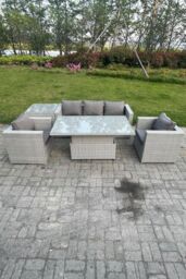 Fimous Rattan Garden Funiture Set Height Adjustable Rising Lifting Table Loung Sofa Dining Set With 2 Arm Chair in Light Grey - thumbnail 2