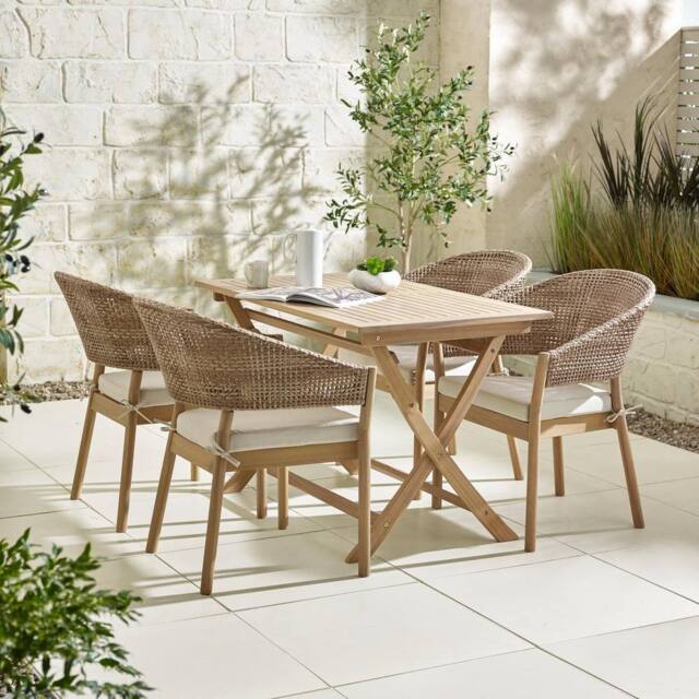 FurnitureboxUK Hamburg + Asa Solid Wood & Wicker 4 Chair Outdoor Dining Set in Light Brown - image 1
