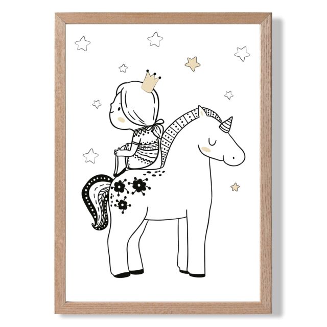 ARTZE Scandi Princess Little Sitting on Unicorn Framed Print SIZE: A3 with Oak Frame in Black - Size: A4 - image 1