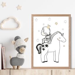 ARTZE Scandi Princess Little Sitting on Unicorn Framed Print SIZE: A3 with Oak Frame in Black - Size: A4 - thumbnail 2