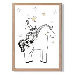 ARTZE Scandi Princess Little Sitting on Unicorn Framed Print SIZE: A3 with Oak Frame in Black - Size: A4 - thumbnail 1