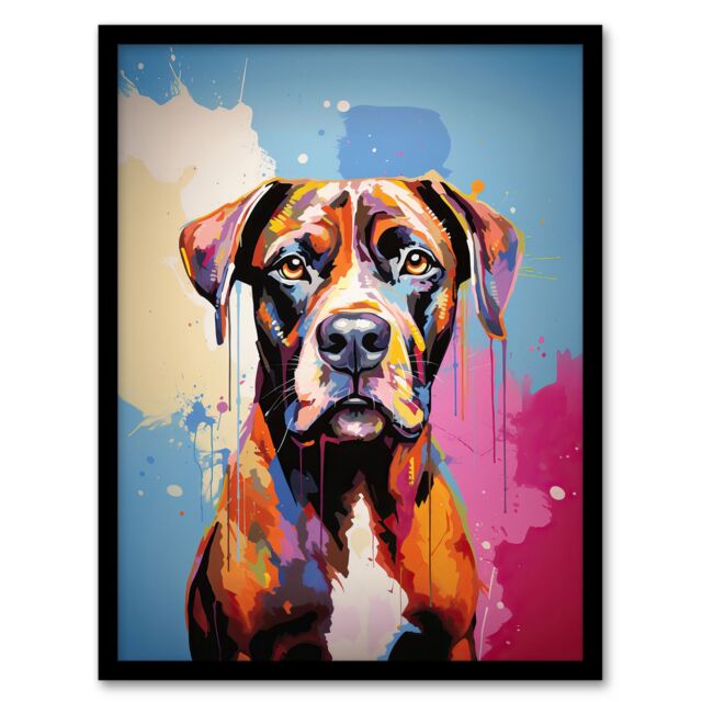 Artery8 Wall Art Print Brindle Boxer Dog Lover Gift Pet Portrait Blue Pink Orange Artwork Painting Art Framed - Size: A4 - image 1