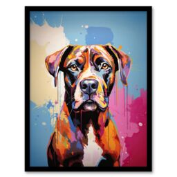 Artery8 Wall Art Print Brindle Boxer Dog Lover Gift Pet Portrait Blue Pink Orange Artwork Painting Art Framed - Size: A4 - thumbnail 1