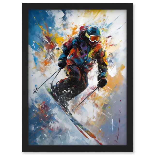 Artery8 Skier Skiing Down Slope Vibrant Splat Art Painting Artwork Framed Wall Art Print A4 in Black - image 1
