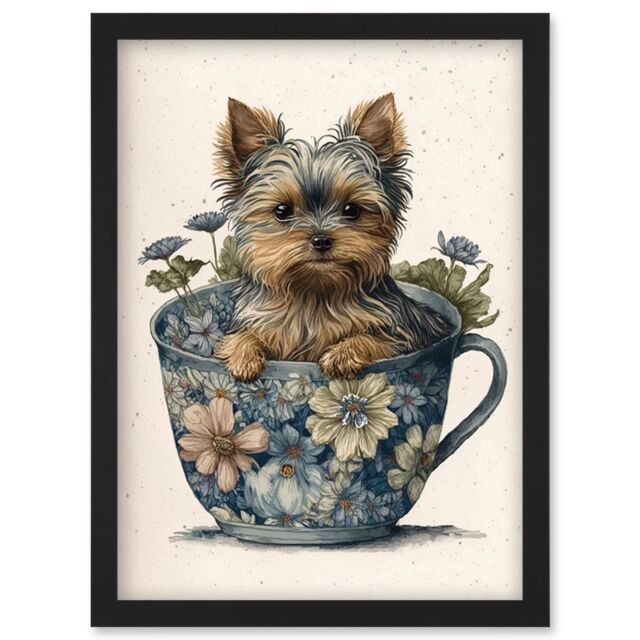 Artery8 Cute Teacup Yorkshire Terrier Dog & Flowers in Floral Tea Cup Modern Watercolour Illustration Artwork Framed Wall Art Print A4 in Black - image 1
