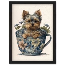 Artery8 Cute Teacup Yorkshire Terrier Dog & Flowers in Floral Tea Cup Modern Watercolour Illustration Artwork Framed Wall Art Print A4 in Black - thumbnail 1
