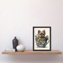 Artery8 Cute Teacup Yorkshire Terrier Dog & Flowers in Floral Tea Cup Modern Watercolour Illustration Artwork Framed Wall Art Print A4 in Black - thumbnail 2