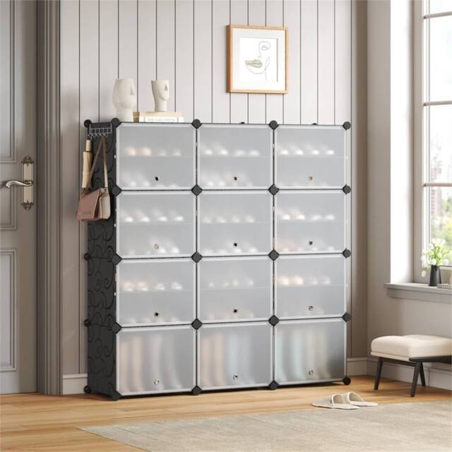 KORVIXA Black 12 PCS Portable Plastic Shoe Cabinet with Door - Size: 100 cm - image 1