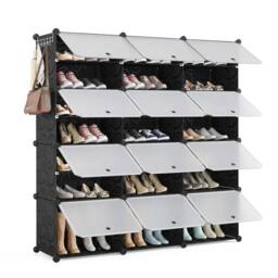 KORVIXA Black 12 PCS Portable Plastic Shoe Cabinet with Door - Size: 100 cm - thumbnail 2