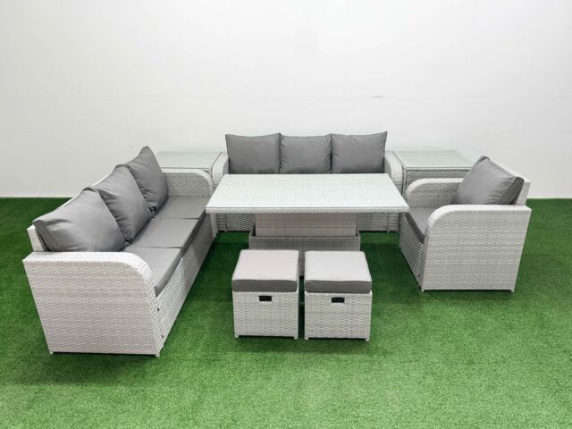 Fimous 9 Seater Poly Rattan Outdoor Garden Furniture Adjustable Lifting Dining or Coffee Table Sofa Set Patio 3 Seater Sofa Reclining Chair 3 Seater - image 1