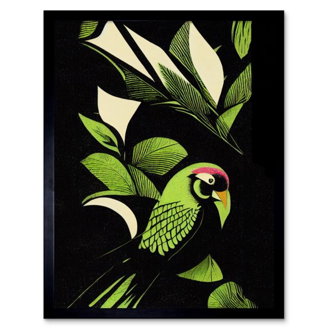 "Artery8 Wall Art Print Vibrant Bright Lime Green Black Cream Jungle Leaf Pattern with Bird Modern Vintage Linocut Art Framed - Size: W12"" x H16""" - image 1
