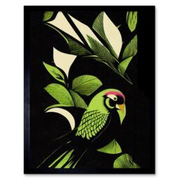 "Artery8 Wall Art Print Vibrant Bright Lime Green Black Cream Jungle Leaf Pattern with Bird Modern Vintage Linocut Art Framed - Size: W12"" x H16""" - thumbnail 1