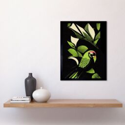 "Artery8 Wall Art Print Vibrant Bright Lime Green Black Cream Jungle Leaf Pattern with Bird Modern Vintage Linocut Art Framed - Size: W12"" x H16""" - thumbnail 2