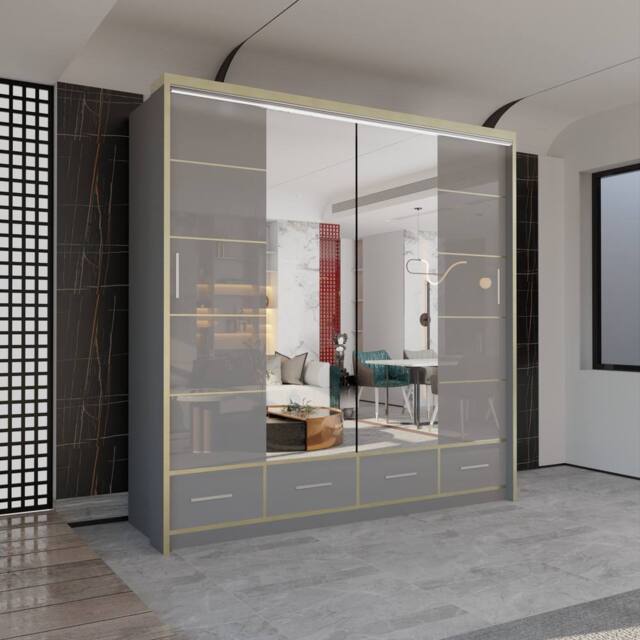 Sliding Wardrobes 4U Modern Gloss Wardrobe with LED Light & Mirror Doors 203×220cm in Grey - image 1