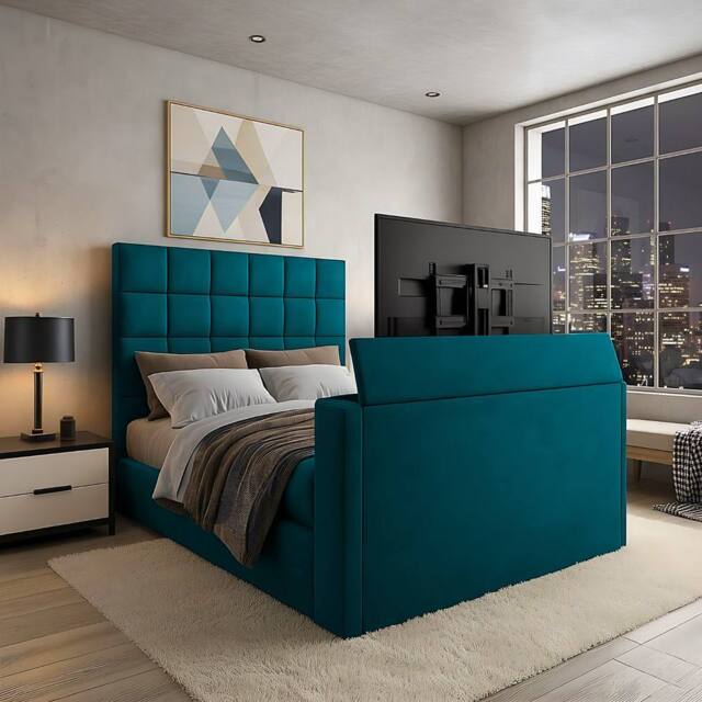 PARADISE BEDS LTD Royal Upholstered Dream Sleep Tv Bed With Ottoman Lift Storage in Teal - Size: King - image 1