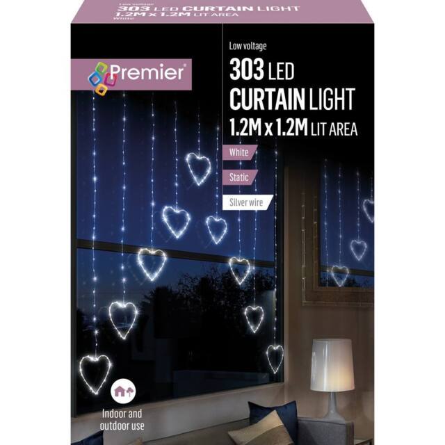 Premier Decorations Curtain Light Hearts 303 White LED Lights 1.2m X 1.2m
