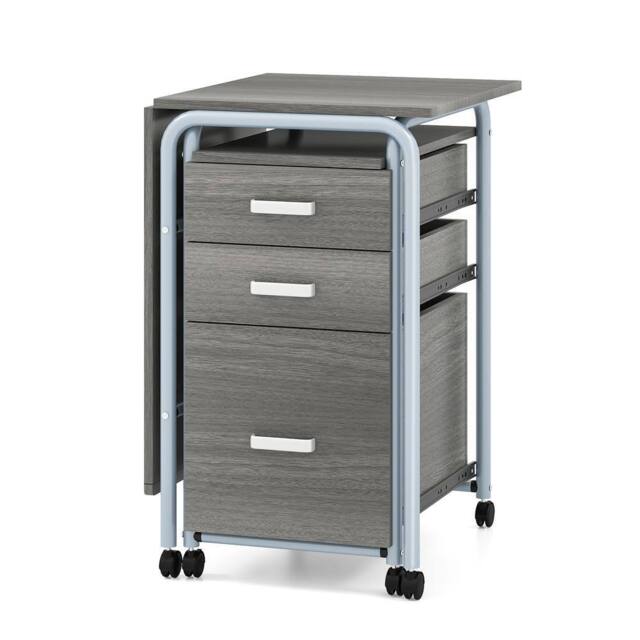 Costway Folding Computer Desk Wheeled Home Office Workstation W/ 3 Drawers in Grey - image 1
