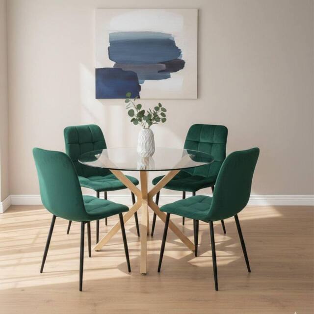 KOSY KOALA Round Glass Dining Table With 4 green velvet Chairs Dining Furniture - image 1