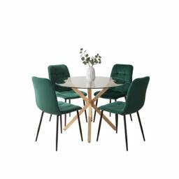 KOSY KOALA Round Glass Dining Table With 4 green velvet Chairs Dining Furniture - thumbnail 2